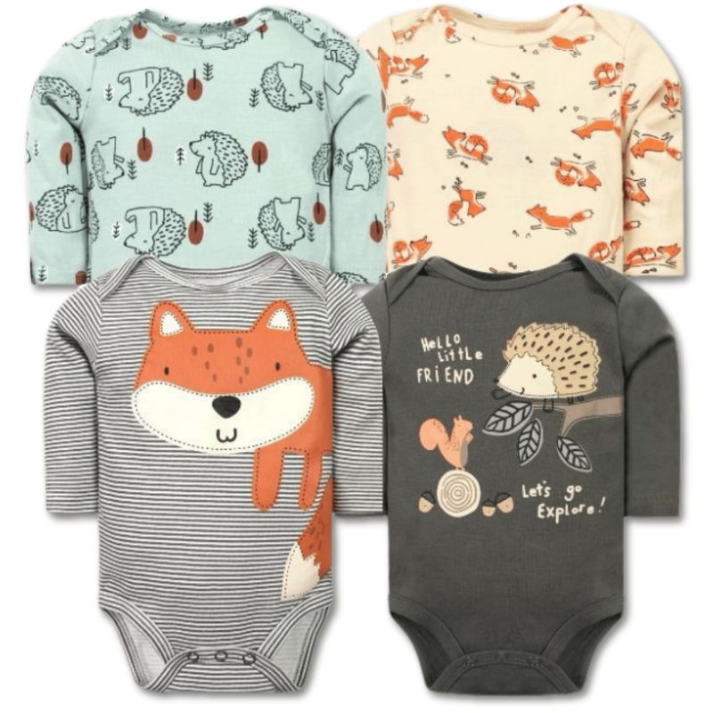 UTILISIMO - Pack 4 Bodys Bebé Niño Manga Larga 100% Algodón Gray Fox