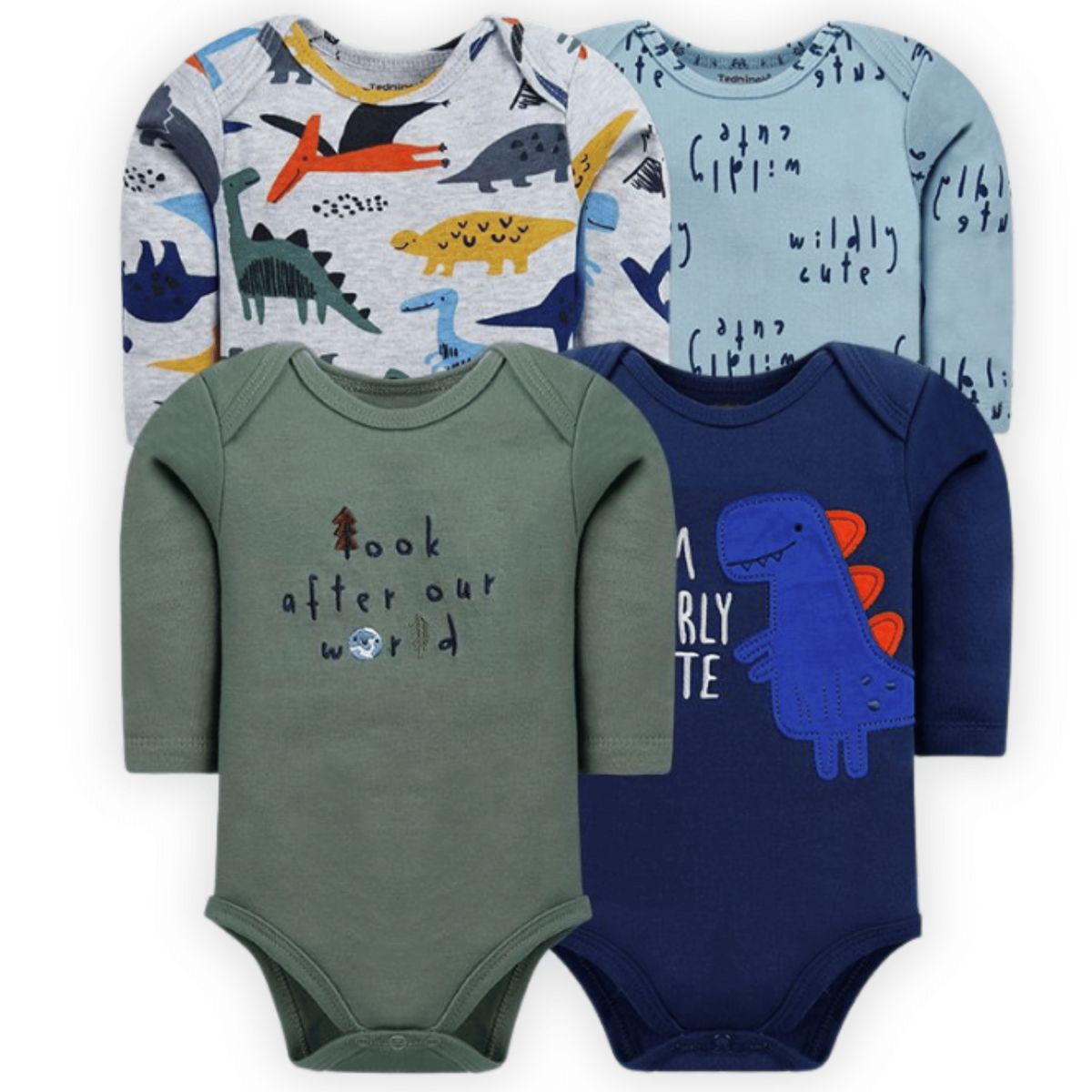 UTILISIMO - Pack 4 Bodys Bebé Niño Manga Larga 100% Algodón Blue Dinosaur