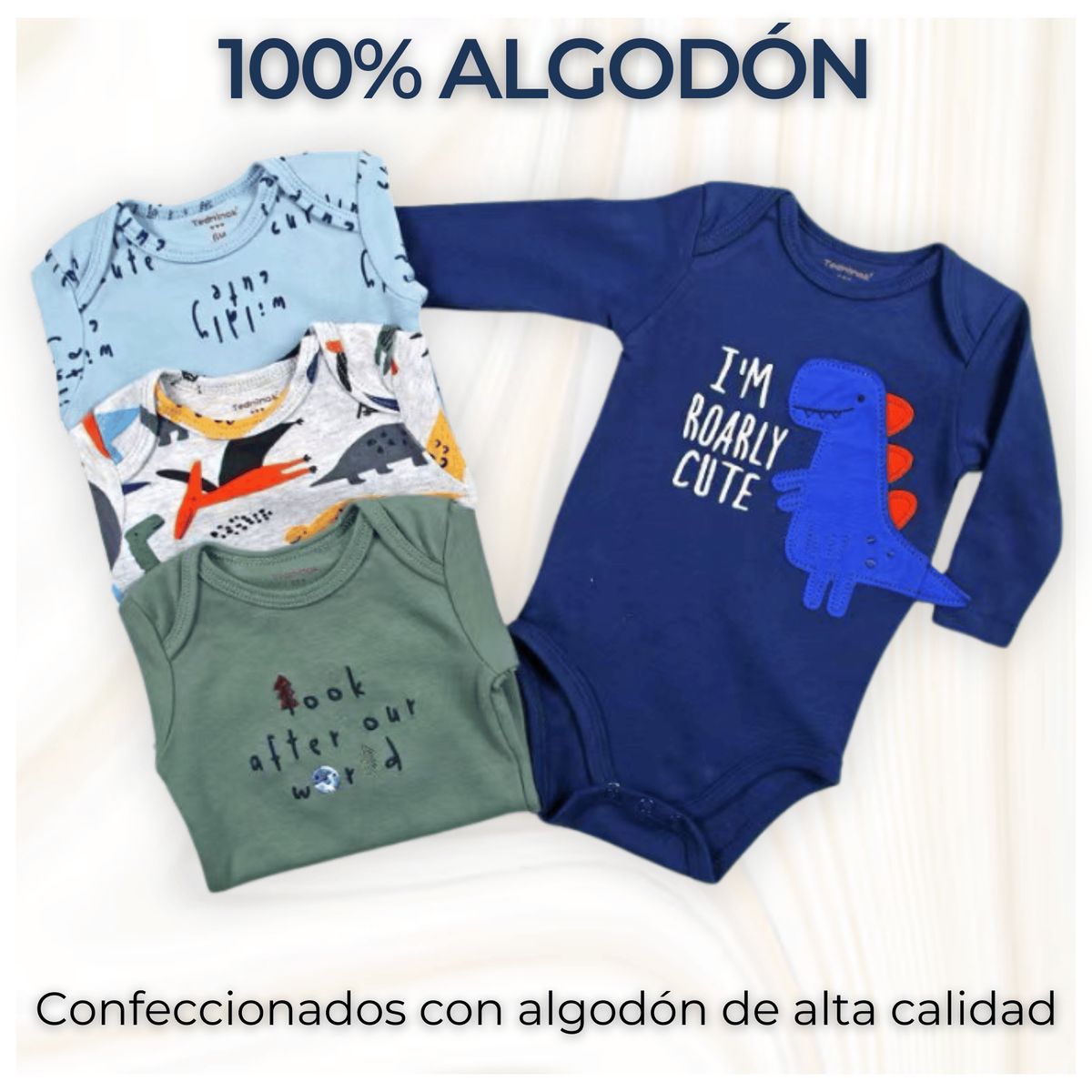 UTILISIMO - Pack 4 Bodys Bebé Niño Manga Larga 100% Algodón Blue Dinosaur