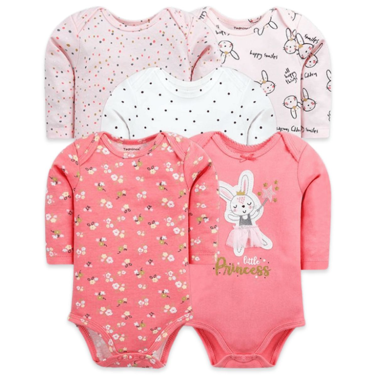 UTILISIMO - Pack 5 Bodys Bebé Niña Manga Larga 100% Algodón Rabbit Princess