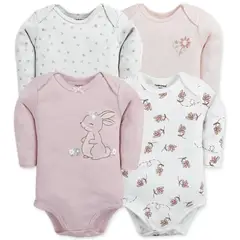 UTILISIMO - Pack 4 Bodys Bebé Niña Manga Larga 100% Algodón Rabbit With Flowers