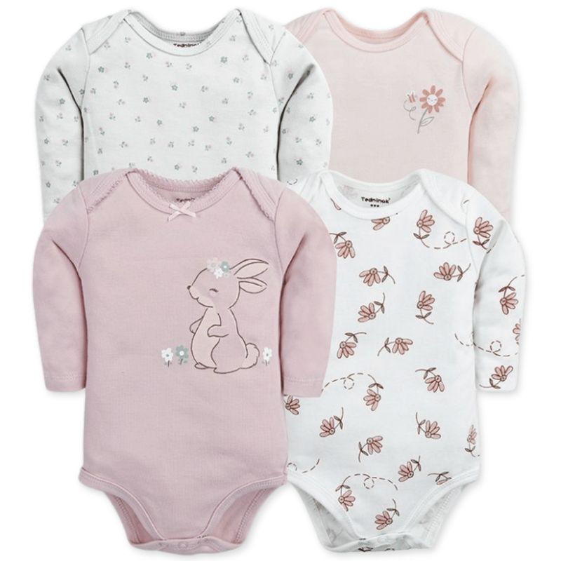 UTILISIMO - Pack 4 Bodys Bebé Niña Manga Larga 100% Algodón Rabbit With Flowers