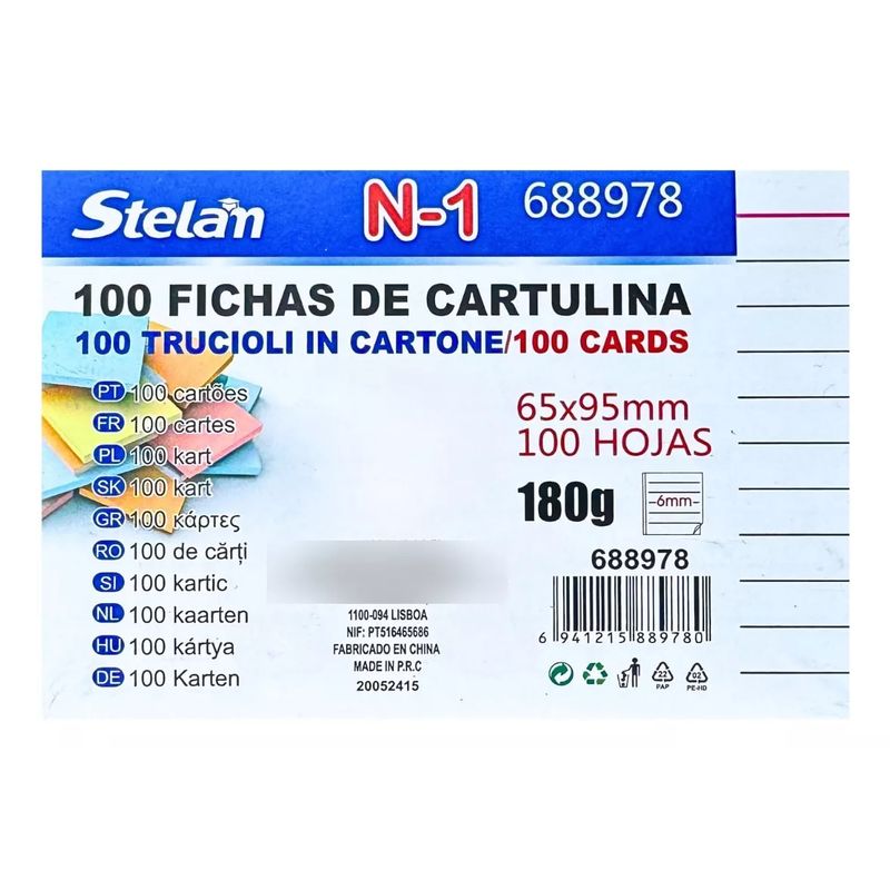 GENERICO - Fichas Bibliográficas De Cartulina X 100 Fichas De 65x95mm