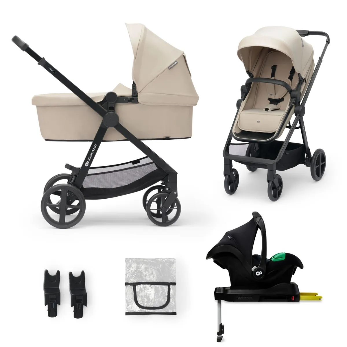 KINDERKRAFT - Coche Travel System Newly 3 en 1 Beige + Base Isofix