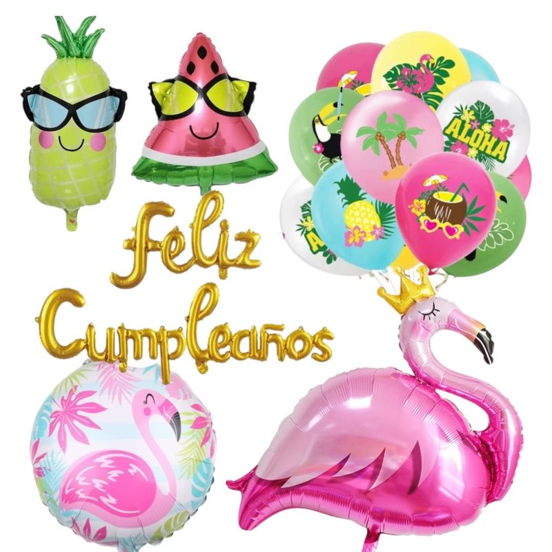 GENERICO - Set de Globos foil + látex Fiesta hawaiana  flamingo