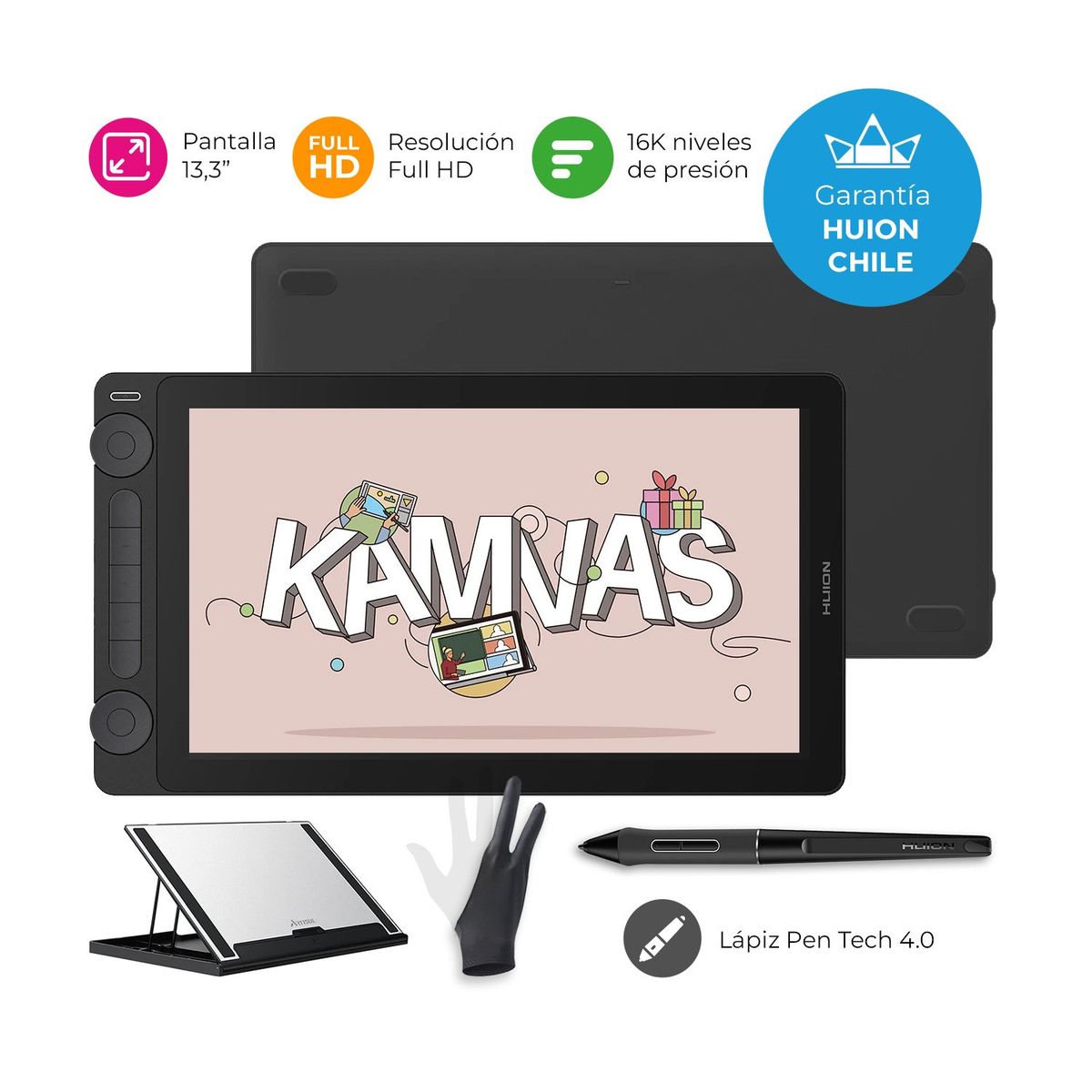 HUION - Tableta Gráfica Monitor Huion Kamvas 13 (Gen 3) Black + Stand - TG