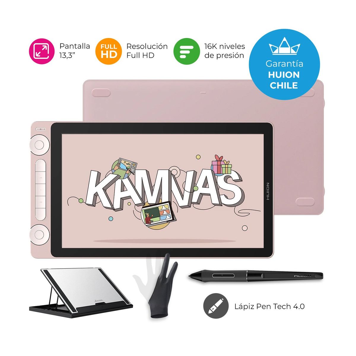HUION - Tableta Gráfica Monitor Huion Kamvas 13 (Gen 3) Pink + Stand - TG