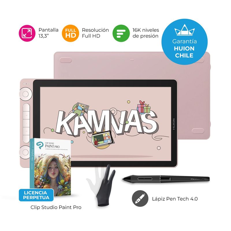 HUION - Tableta Gráfica Monitor Huion Kamvas 13 (Gen 3) Pink + Clip Studio -TG