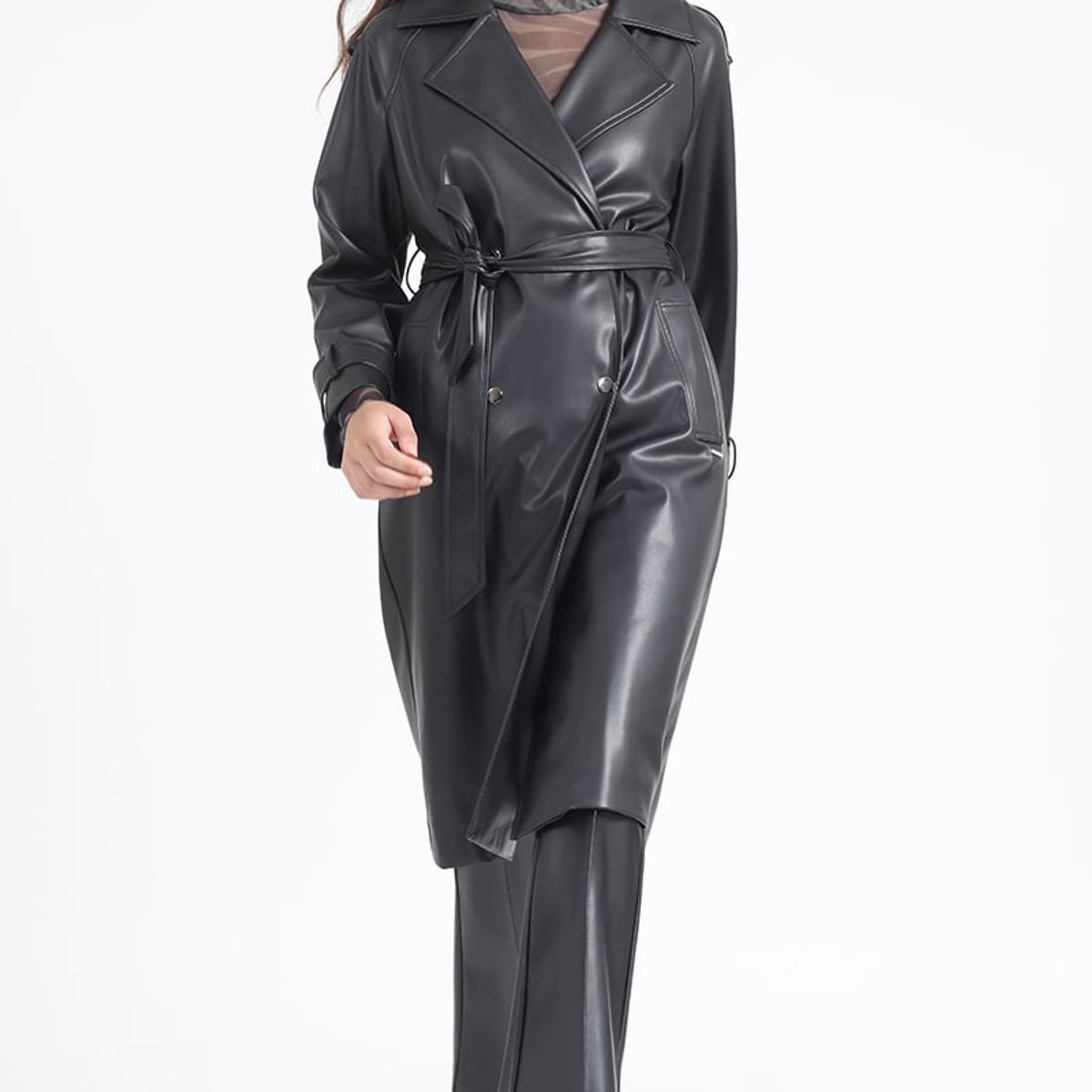 LIOLA - Trench Efecto Cuero, Negro Liola