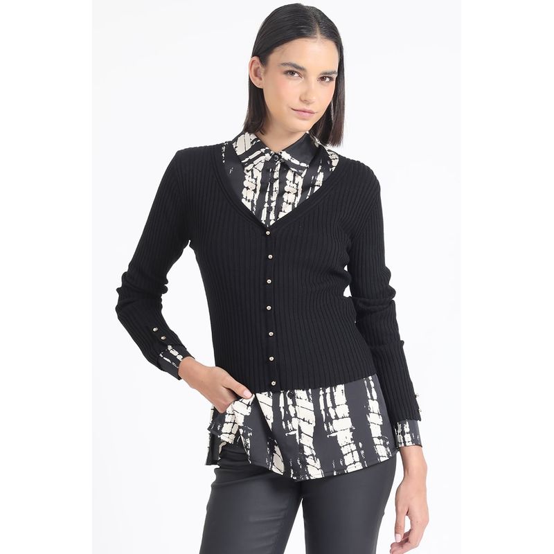 LIOLA - Cardigan Tejido Punto Boton Fantasia, Negro Liola