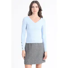 LIOLA - Sweater Tejido Punto Boton Decorativo Celeste