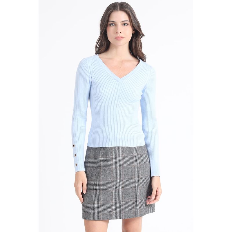LIOLA - Sweater Tejido Punto Boton Decorativo Celeste Liola