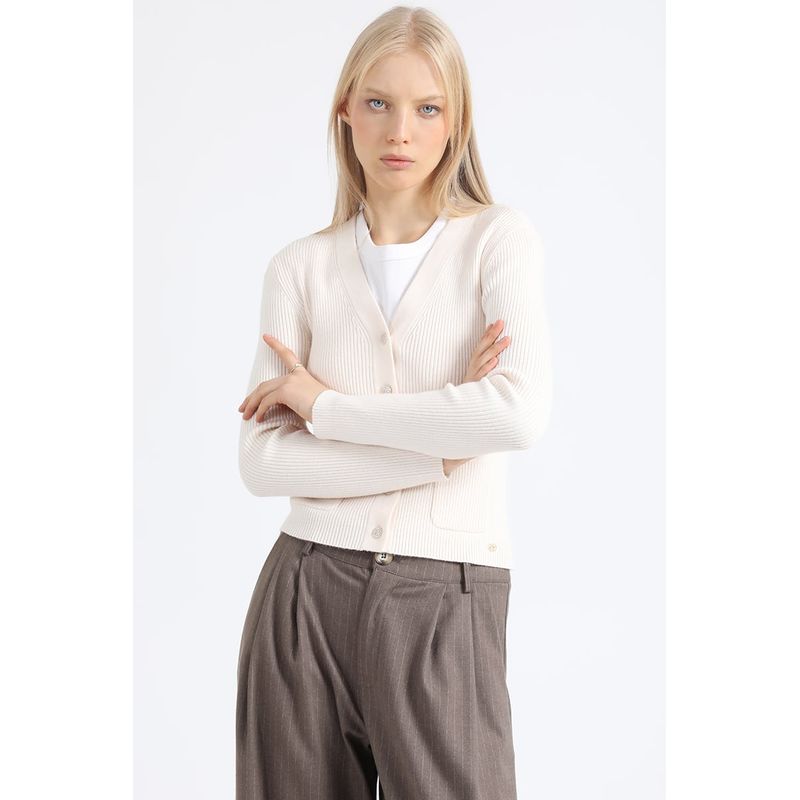 LIOLA - Cardigan Tejido Punto, Boton Joya, Beige Liola