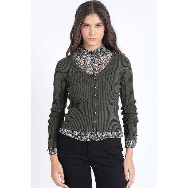 LIOLA - Cardigan Tejido Punto Boton Fantasia, Militar Liola