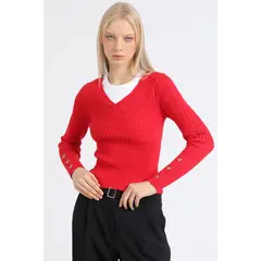 LIOLA - Sweater Tejido Punto Boton Decorativo Rojo