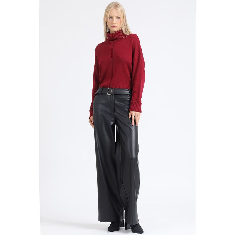 LIOLA - Pantalon Ancho Con Cinturon Efecto Cuero Negro Liola