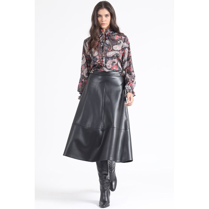 LIOLA - Falda Midi Efecto Cuero Negro Liola