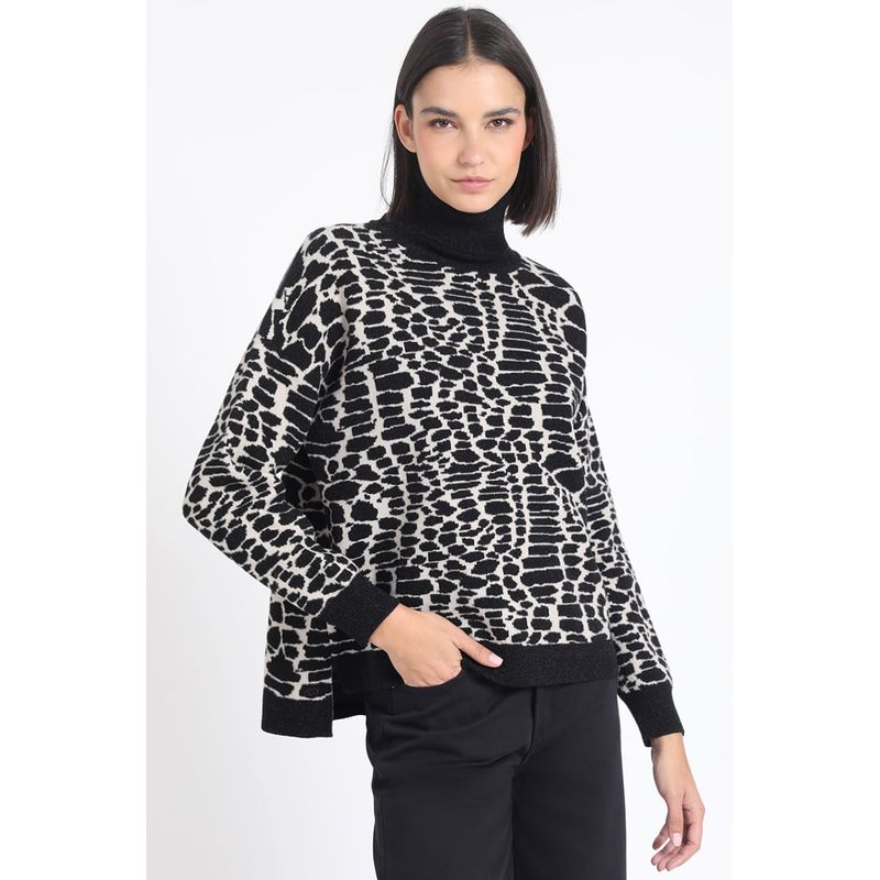 LIOLA - Sweater Tejido Punto Animal Print, Negro Liola