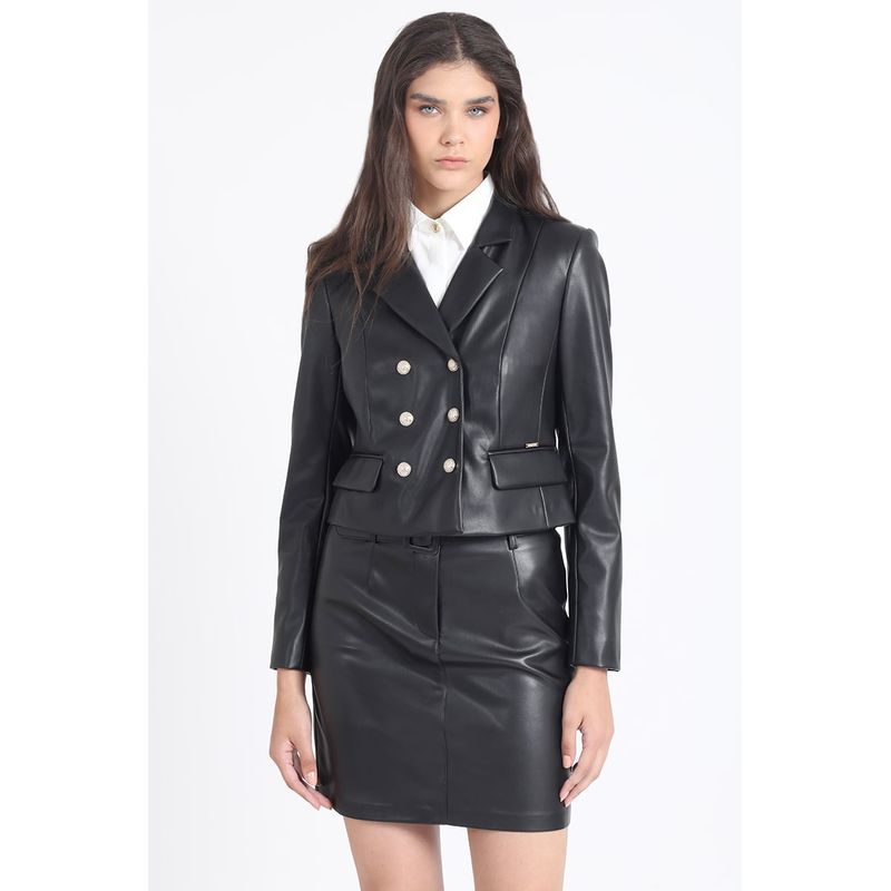 LIOLA - Blazer Crop Cruzado Efecto Cuero Negro Liola