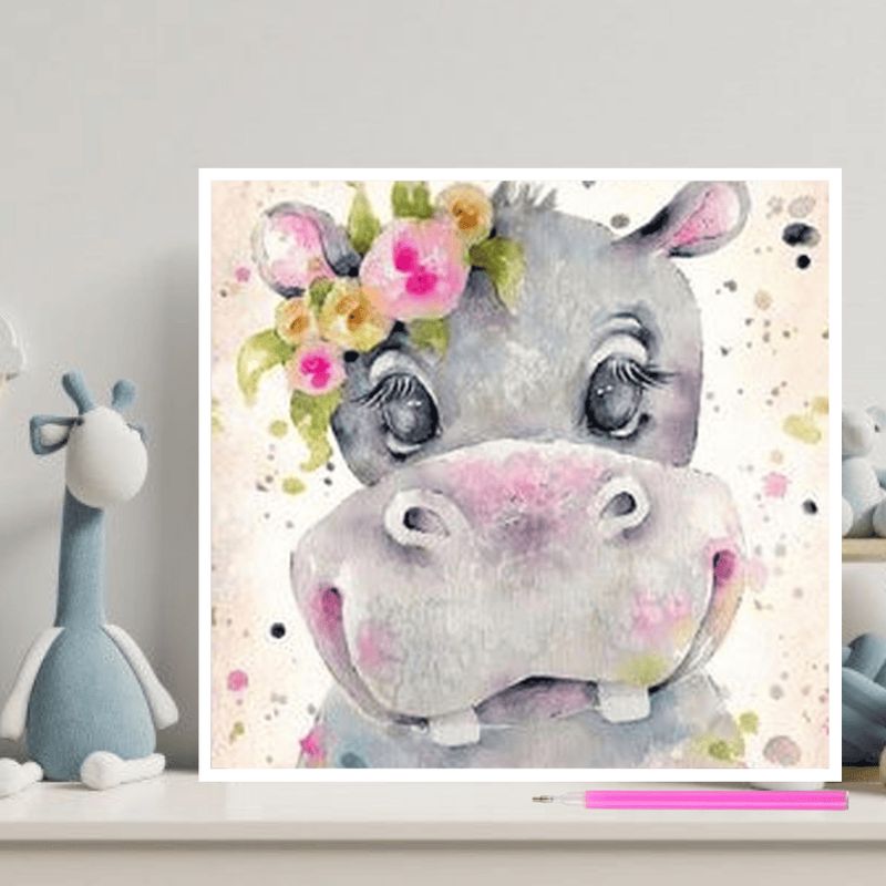 ARTE CONSENTIDO - Pintura Con Diamantes Para Niños Hipopótamo 15X15 Con Marco