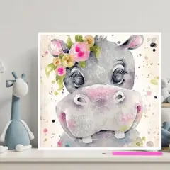 ARTE CONSENTIDO - Pintura Con Diamantes Para Niños Hipopótamo 15X15 Con Marco