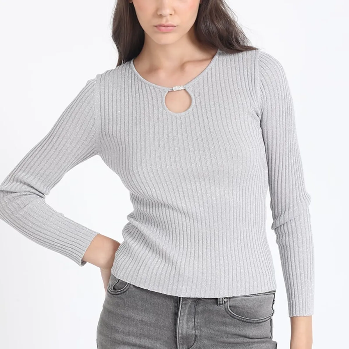 LIOLA - Sweater Tejido Punto Con Hilo Metalizado , Gris Liola