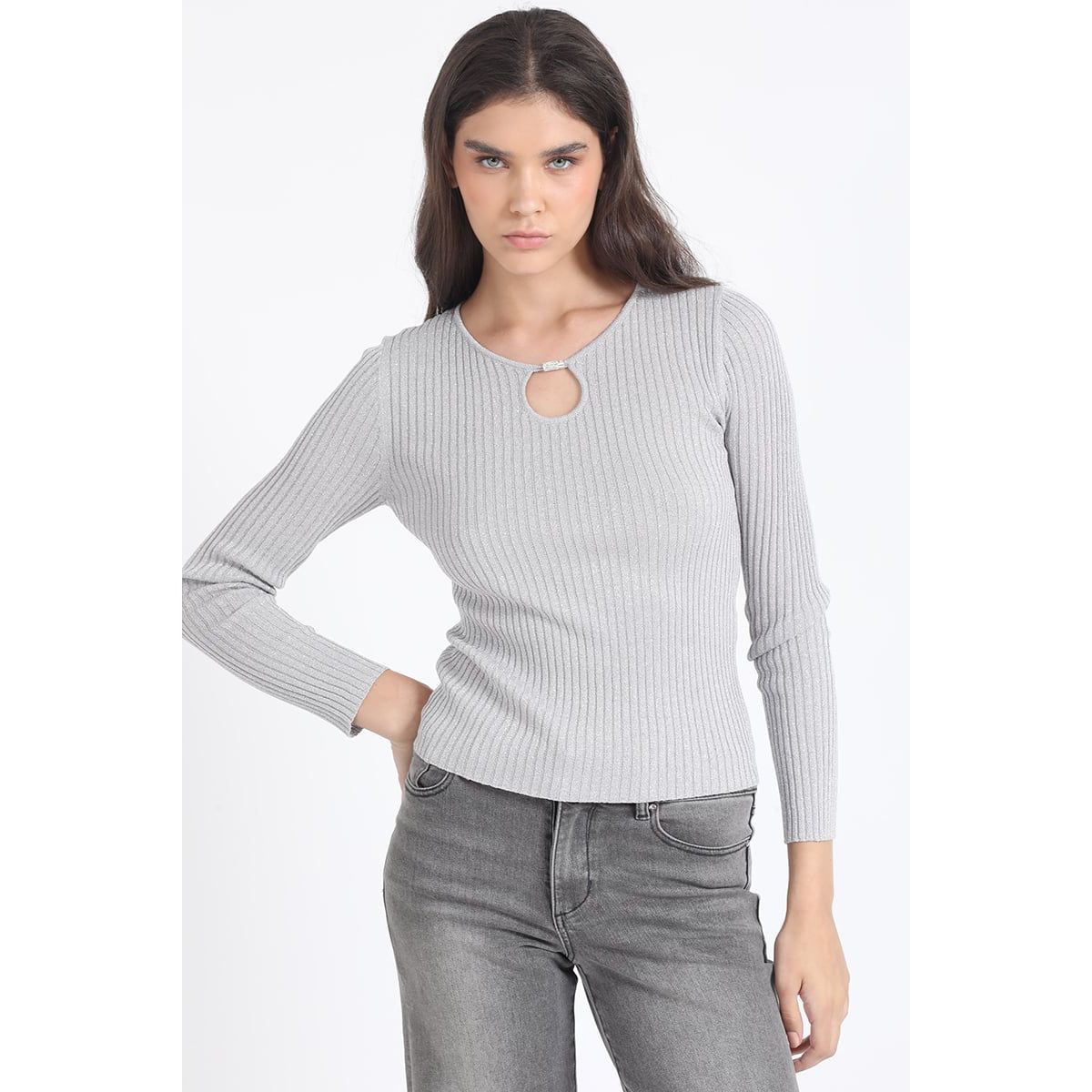 LIOLA - Sweater Tejido Punto Con Hilo Metalizado , Gris Liola