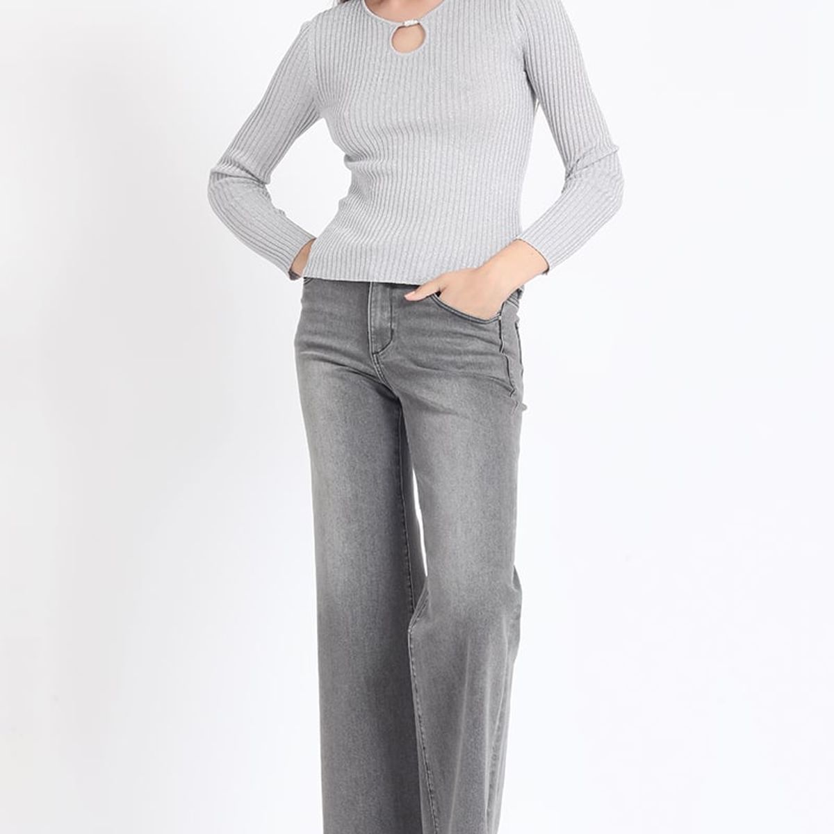 LIOLA - Sweater Tejido Punto Con Hilo Metalizado , Gris Liola