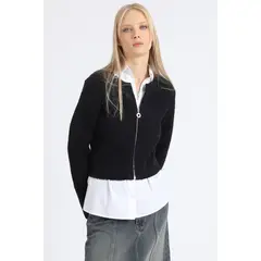 LIOLA - Cardigan Tejido Punto Fantasia Piel Negro