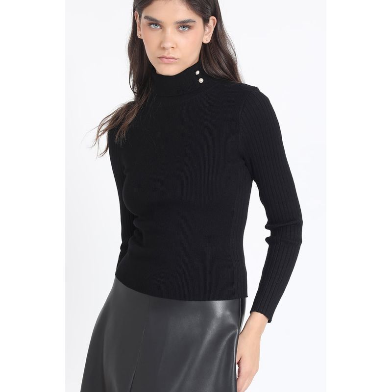LIOLA - Sweater Tejido Punto Boton Decorativo Negro Liola
