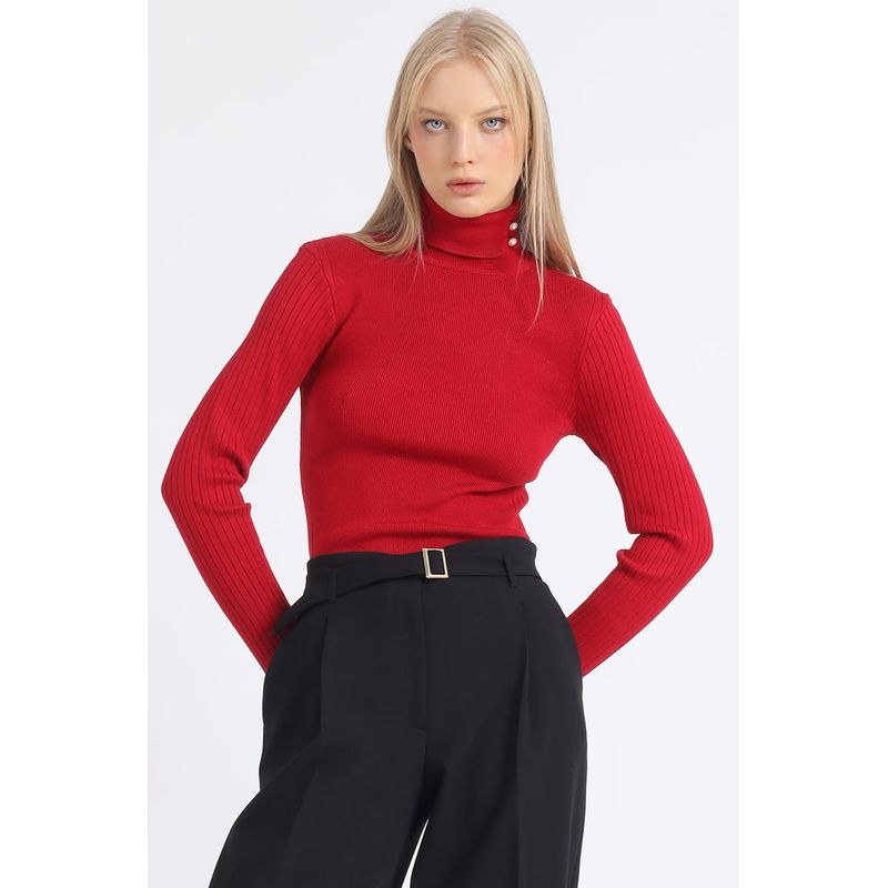 LIOLA - Sweater Tejido Punto Boton Decorativo Rojo Liola