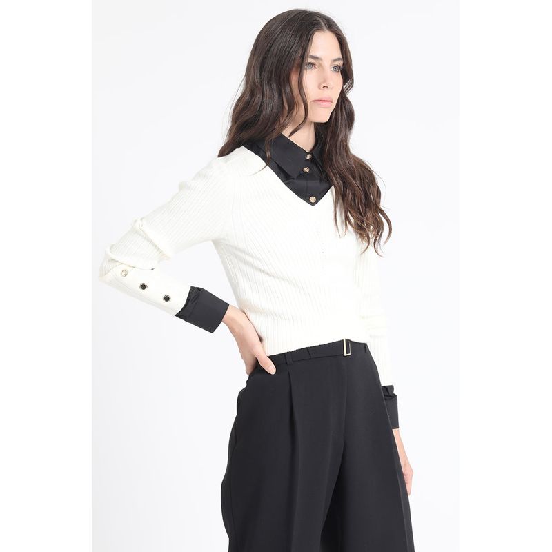 LIOLA - Sweater Tejido Punto, Boton Decorativo, Crudo Liola