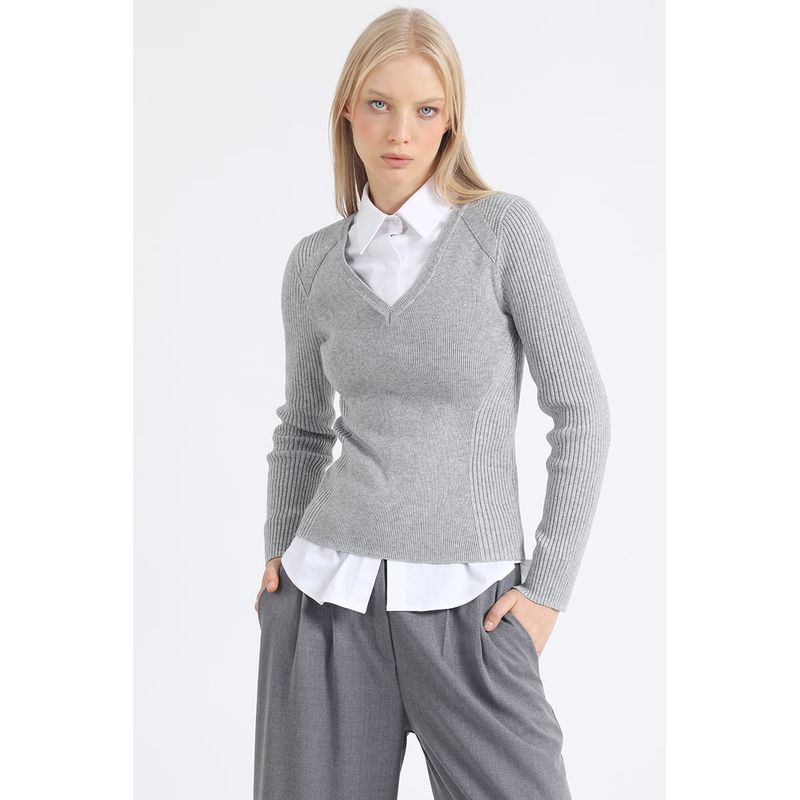LIOLA - Sweater Punto Con Detalles Con Hilo Metalizado Gris Liola