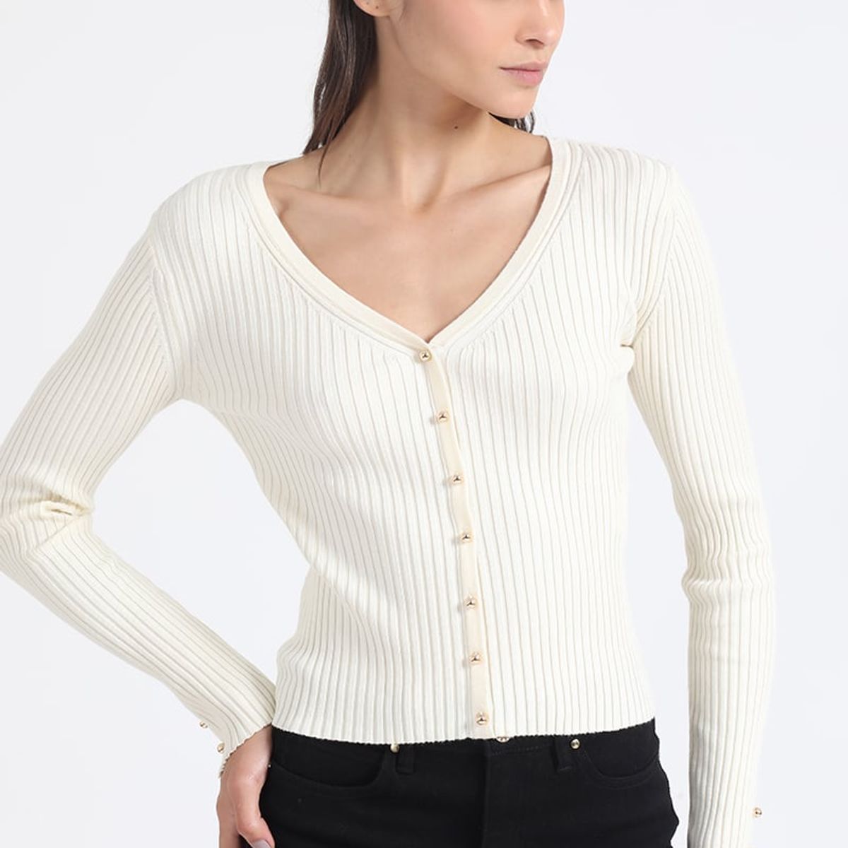 LIOLA - Cardigan Tejido Punto Boton Fantasia, Crudo Liola