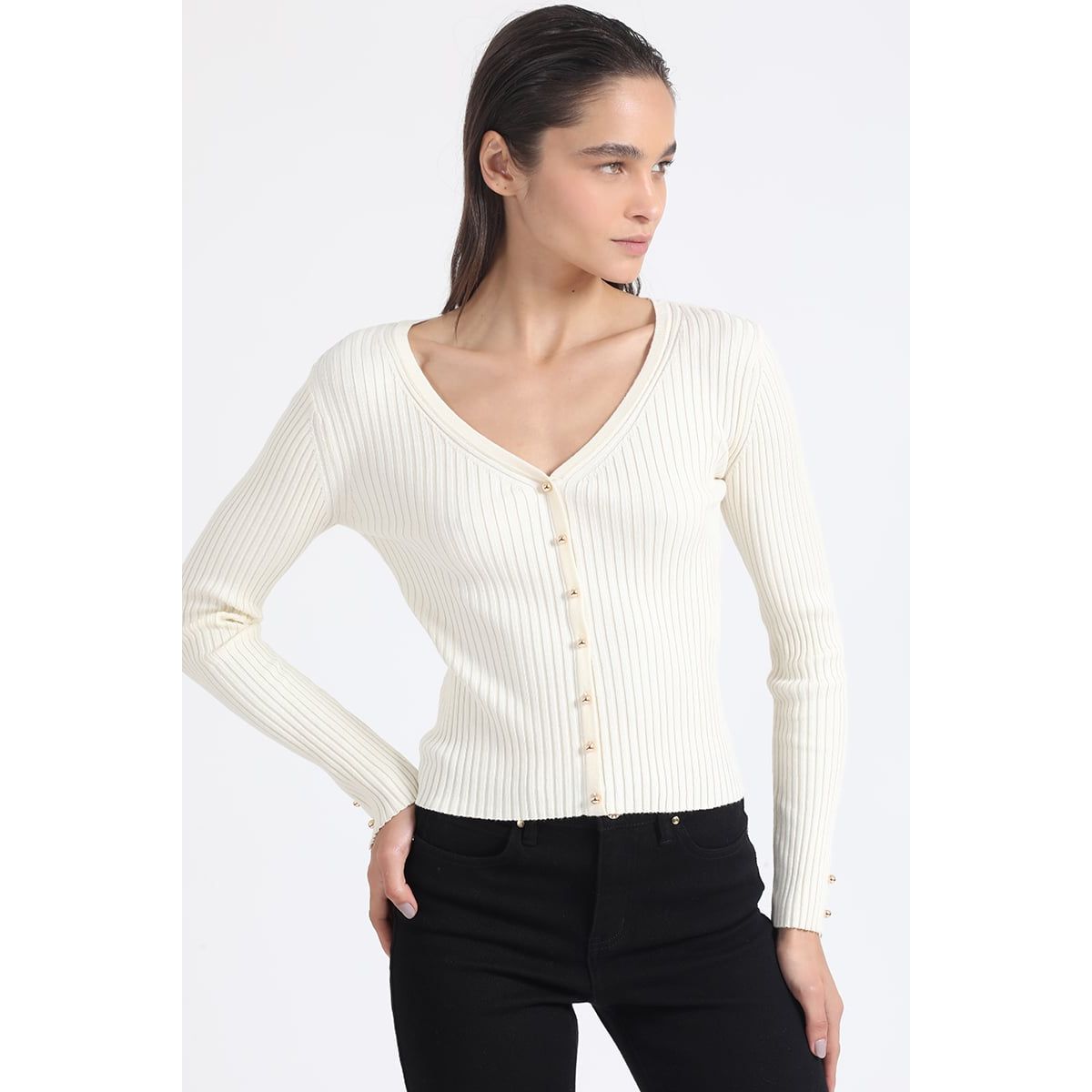 LIOLA - Cardigan Tejido Punto Boton Fantasia, Crudo Liola
