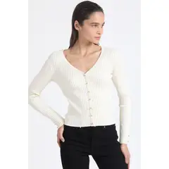 LIOLA - Cardigan Tejido Punto Boton Fantasia, Crudo