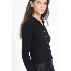 LIOLA - Cardigan Cuello Tejido Punto Negro
