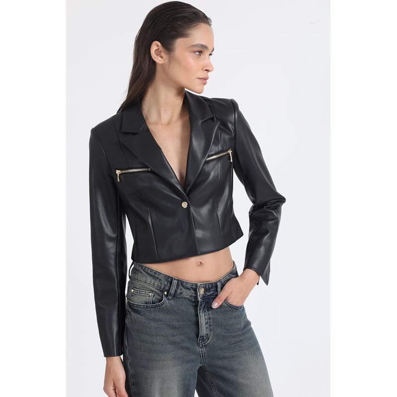 LIOLA - Blazer Crop Efecto Cuero Con Cierres Negro Liola