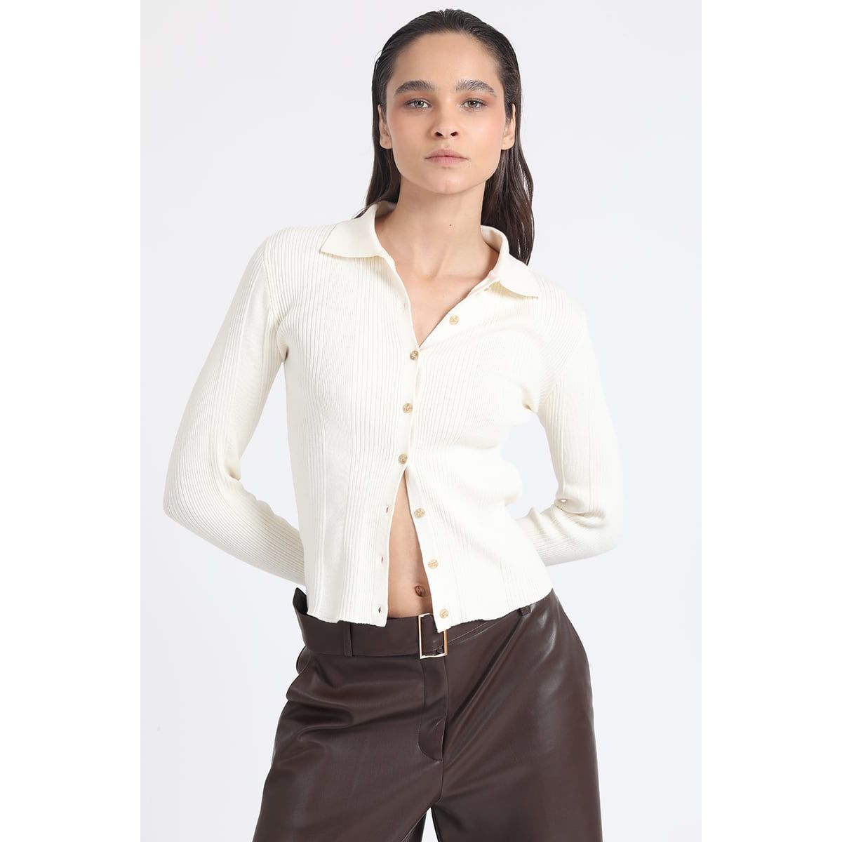 LIOLA - Cardigan Cuello Tejido Punto, Crudo Liola