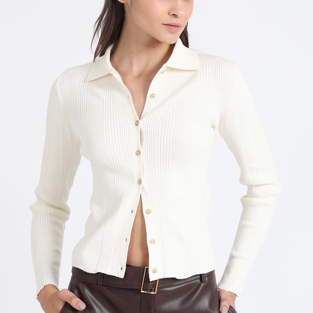 LIOLA - Cardigan Cuello Tejido Punto, Crudo Liola