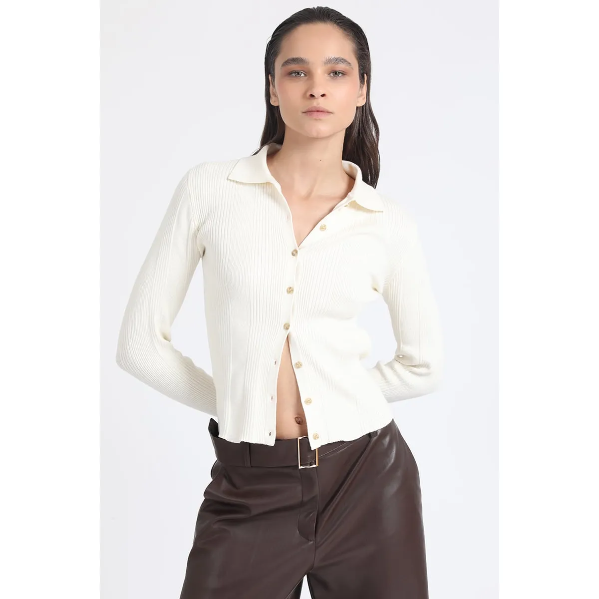 LIOLA - Cardigan Cuello Tejido Punto, Crudo Liola