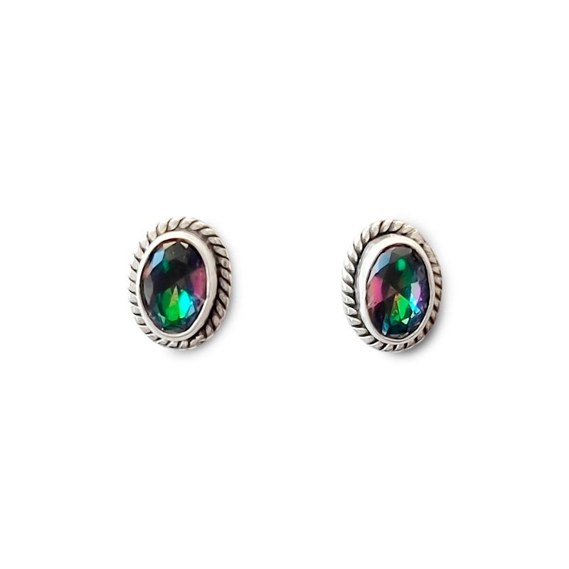 ANDREA COGGIOLA JOYAS - Aros Botón Óvalo Trenzado Topacio Místico Plata Fina 925