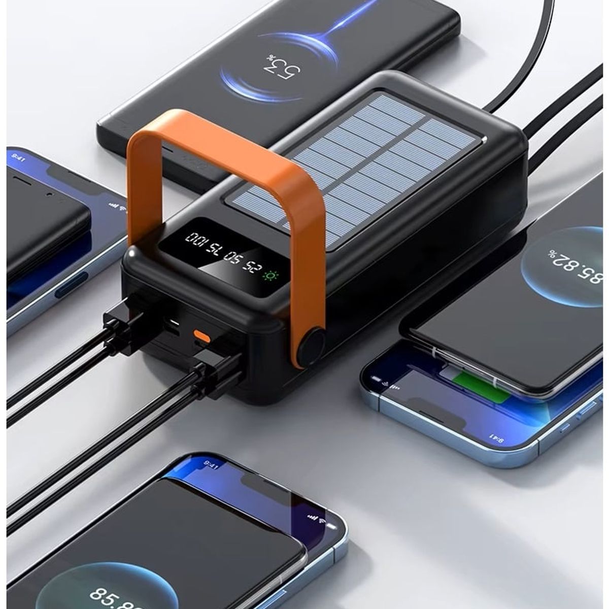 STARTECHOFFICE - Batería Portátil Power Bank Solar 40000mAh Cables Integrados Luz LED Carga Rápida