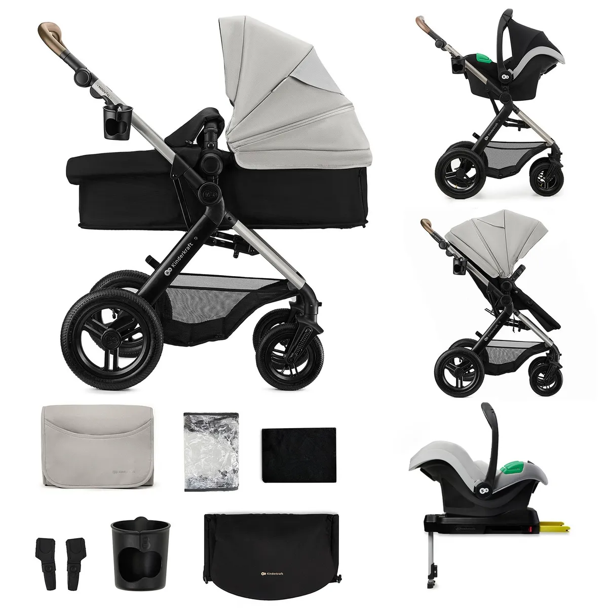 KINDERKRAFT - Coche Travel System Moov2 XL Air Grey 3 en 1 + Base