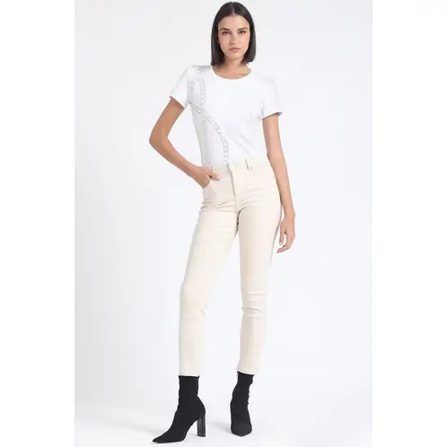 LIOLA - Jeans Skinny Color Tiro Medio Con Bordado Beige