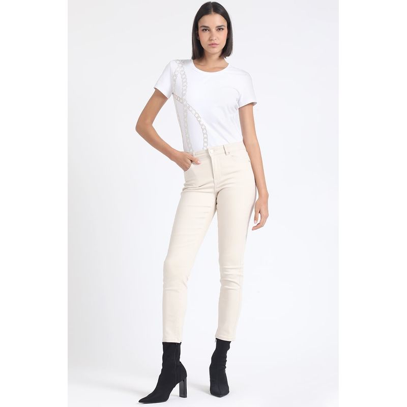 LIOLA - Jeans Skinny Color Tiro Medio Con Bordado Beige Liola