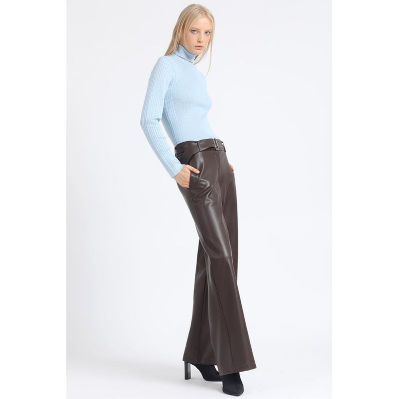 LIOLA - Pantalon Ancho, Con Cinturon, Efecto Cuero, Chocolate Liola