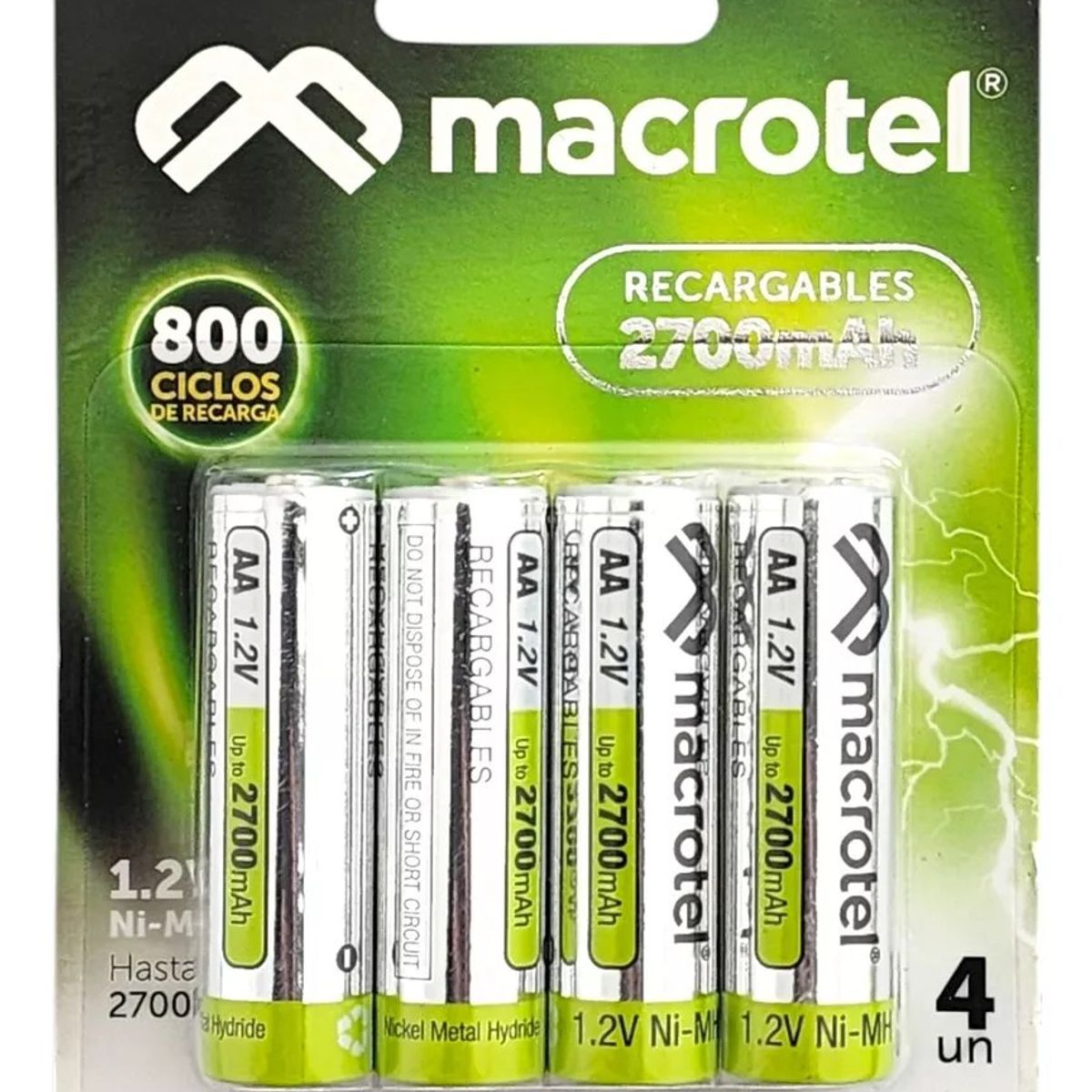 GENERICO - Paquete de 4 Baterías Recargables AA 1.2V Macrotel 2700mAh