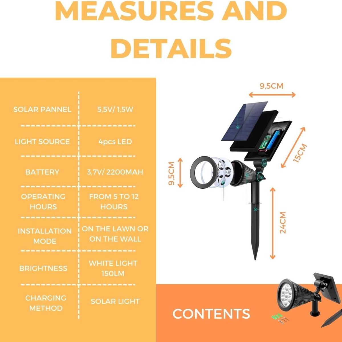 ANENG - Foco solar LED Lámpara exterior IP65 para jardín patio césped