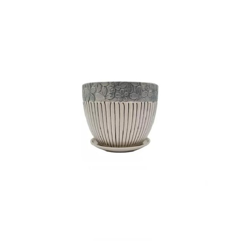 GENERICO - Set de 3 Maceteros Cerámica Blanca con Flores y Líneas